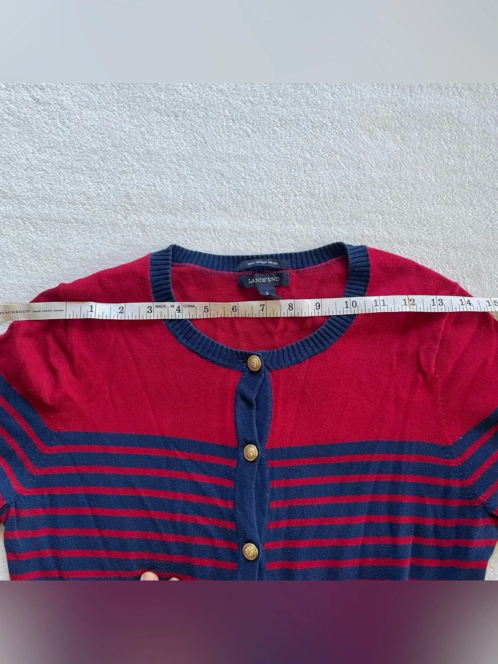 Lands End Red Navy Blue Nautical Cardigan size S 100% Cotton - Picture 8 of 13